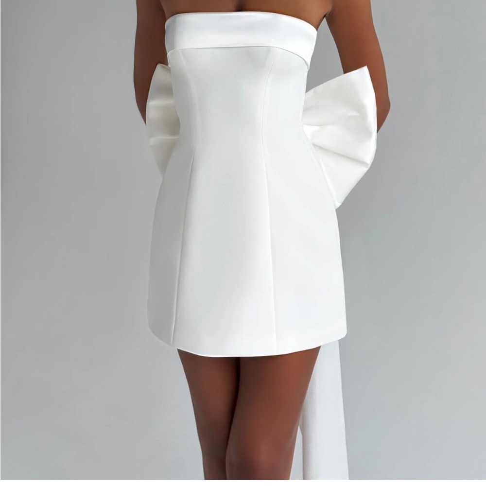 Strapless White Mini Dress with Draped Bow Back